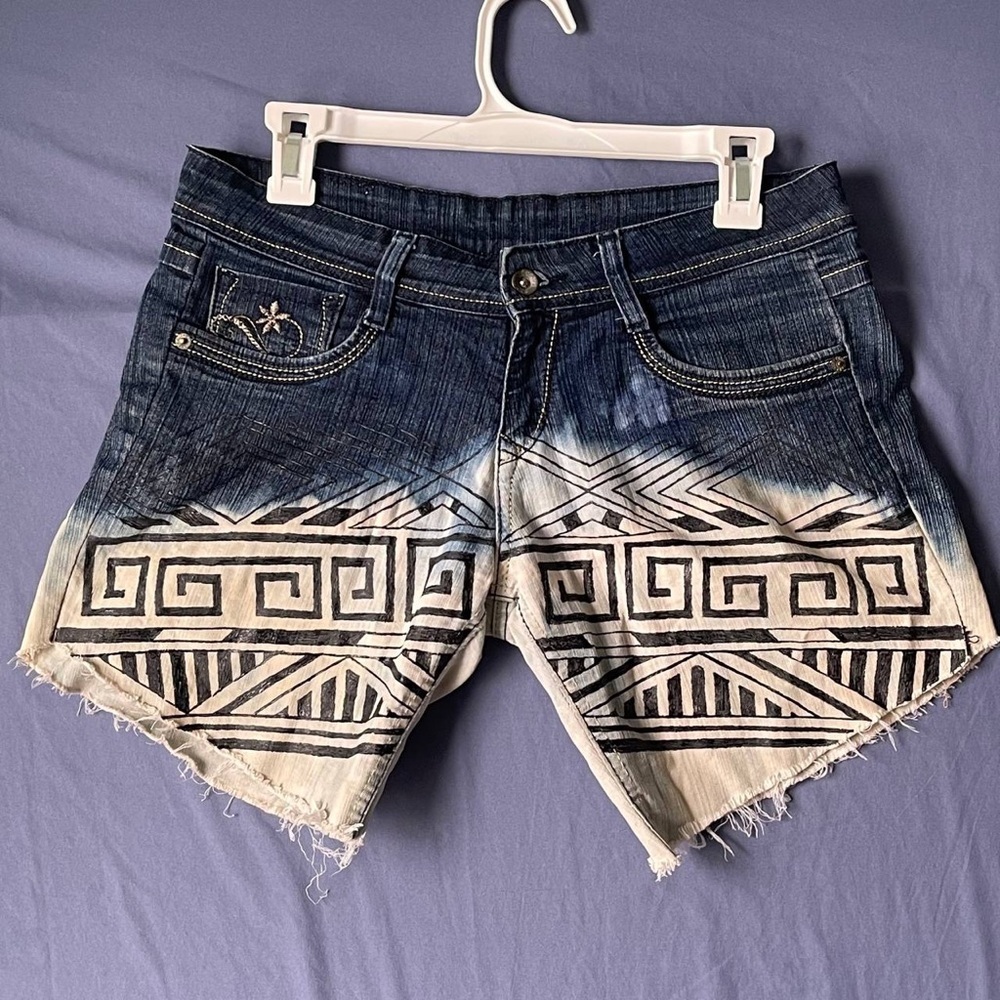 KRAUS  Denim Shorts Aztec‎ Tribal Print Frayed Streetwear Hot Shorts Blue White